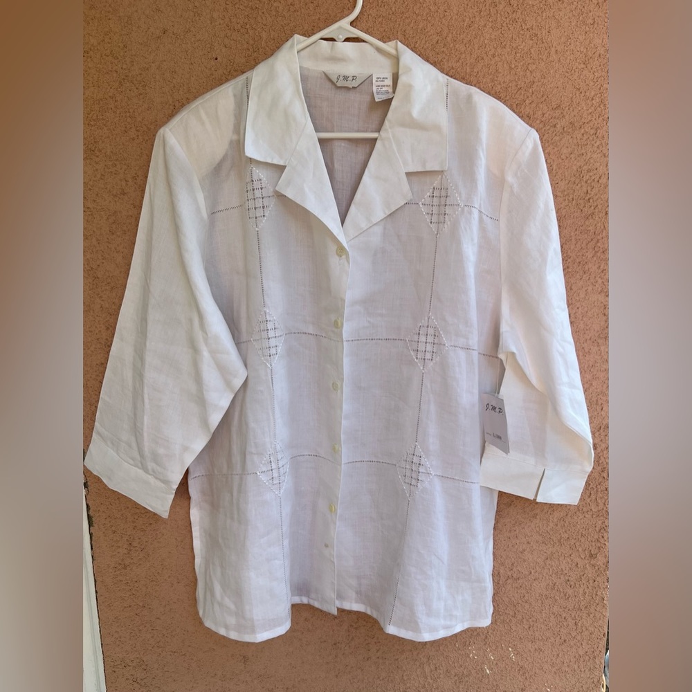 J.M.P. 100% Linen White  Women Blouse Button Down Size 1X